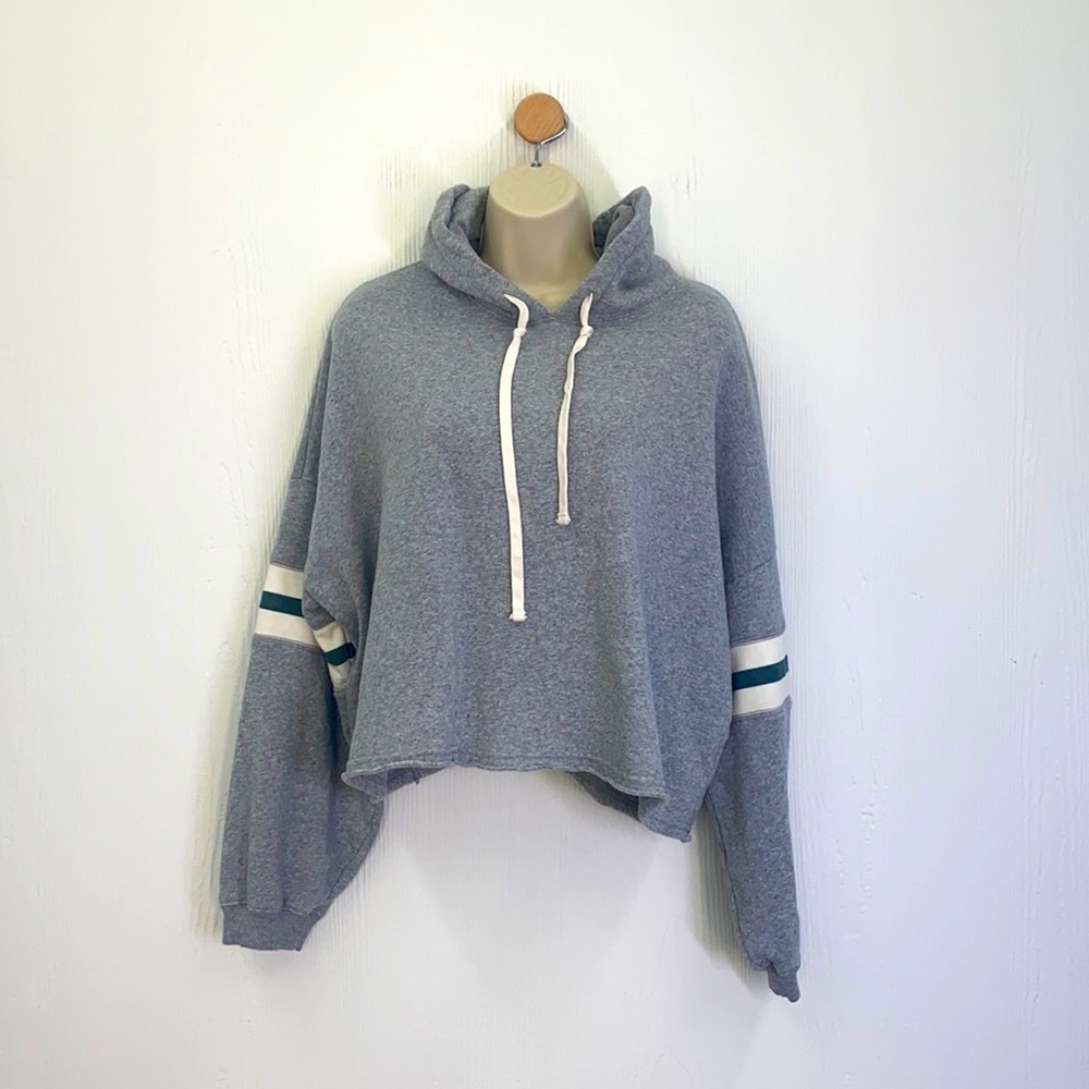 American Eagle - Grey Hooded Stripe Crop Sweater Size Medium